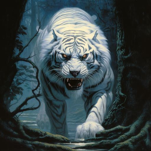 A huge cat, white tiger, glowing white eyes, huge and monstrous, imposing, angry, dark fantasy, 80s fantasy art, art by Larry Elmore