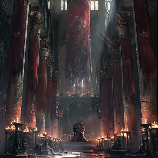 A huge hall of a throne room in the Red Keep from George R.R. martin's A Son Of Ice And Fire books, banners and braziers everywhere, right camera view , down angle, a huge iron throne in the middle, round big columns line to the gigantic ceiling, bare dragon skulls are displayed on the walls, photorealistic, ultra realistic,gloomy, monochromatic, --v 6.0