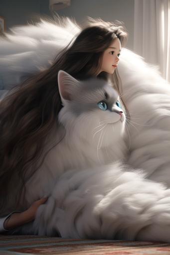 A huge ragdoll cat sits on the carpet in the bedroom and plays with a pretty hot Chinese girl with long black curved hair and big watery eyes. They are excited, in dreamy pale blue, white and orange. zbrush.hyper realistic oil.exaggerated perspective,contour shadow realistic 8k, --ar 2:3 --niji 5 --q 2