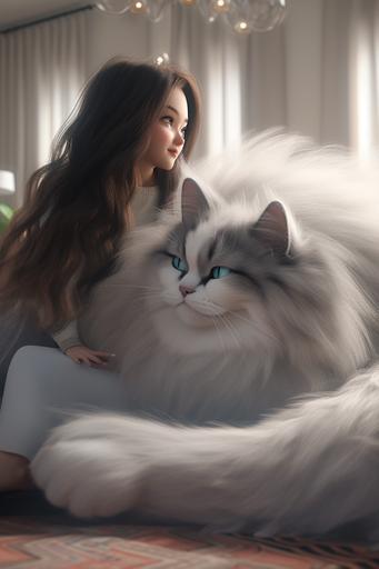 A huge ragdoll cat sits on the carpet in the bedroom and plays with a pretty hot Chinese girl with long black curved hair and big watery eyes. They are excited, in dreamy pale blue, white and orange. zbrush.hyper realistic oil.exaggerated perspective,contour shadow realistic 8k, --ar 2:3 --niji 5 --q 2