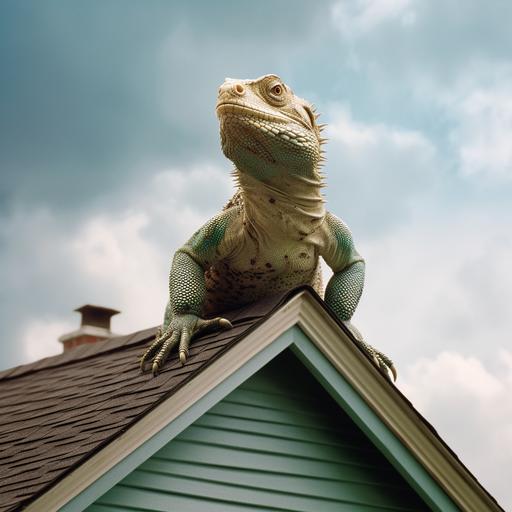 A huge, sad lizard is perched on top of an American house. covered the whole house. american folk, ar 1:1