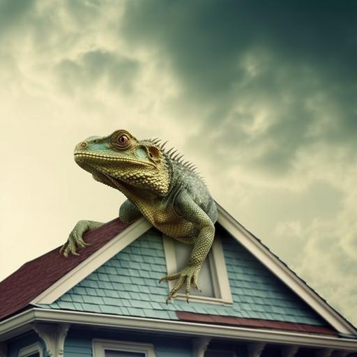 A huge, sad lizard is perched on top of an American house. covered the whole house. american folk, ar 1:1