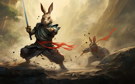 A humanized rabbit samurai with a hattori hanzo sword, fighting against a humanized power lizard with a ninja headband on his head --ar 16:10