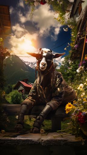 A humanlike - goat, wearing sunglasses, stern - facial - expression, sitting on a hovering - platform in the air, very determined look, in the mountains above overgrown floral prehistoric village, portrait, , closeup photo, --ar 9:16