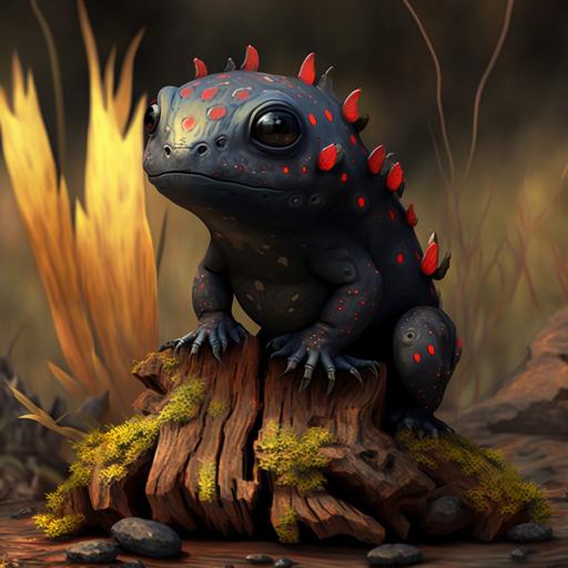 A humanoid black fire salamander with red spots, a druid near a small animated wooden stump with a face resembling the Kyactus from the Final Fantasy series.