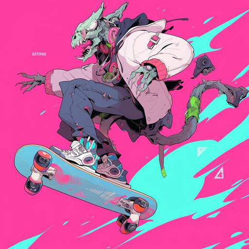 A humanoid monster do skateboard, pink background, anime style --seed 2022 --niji --q 2