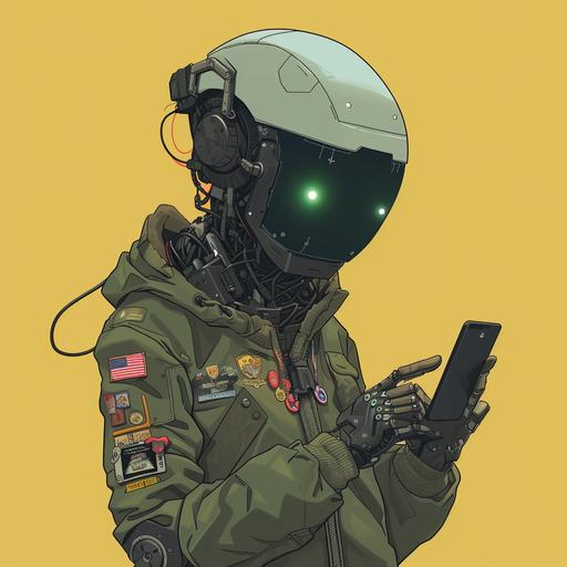 A humanoid robot with a sleek helmet reflecting a soft green glow, interacting with a smartphone. It has an advanced, high-tech design with articulated fingers and joints, dressed casually in an olive-green bomber jacket decorated with eclectic pins and patches, blending futuristic aesthetics with relatable, casual attire in a detailed anime style. Created Using: anime illustration techniques, vibrant yet soft lighting, high-detail articulation, relaxed yet sophisticated posture, hd quality, natural look --ar 1:1 --v 6.0