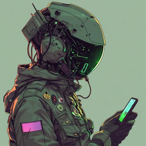 A humanoid robot with a sleek helmet reflecting a soft green glow, interacting with a smartphone. It has an advanced, high-tech design with articulated fingers and joints, dressed casually in an olive-green bomber jacket decorated with eclectic pins and patches, blending futuristic aesthetics with relatable, casual attire in a detailed anime style. Created Using: anime illustration techniques, vibrant yet soft lighting, high-detail articulation, relaxed yet sophisticated posture, hd quality, natural look --ar 1:1 --v 6.0