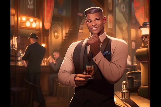 A hunky gay man with a handsome face in formal attire holds a whiskey tumblr and expression flirty fun setting is interior 1920s jazz club harlem NYC music hall crowded, African-American owned and operated, art deco vintage, brass and stained glass decorations, gilded age, joyous and hopeful atmosphere --niji 5 --ar 3:2 --q 2