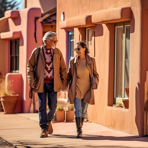 A husband and wife aged around 30 years walk through adobe style residential neighborhood in Santa Fe, New Mexico. Medium: Photo-realistic Photography, Style: Contemporary. Lighting: Mid-day with clear blue skies, Colors: Adobe reds, desert browns, and purplish hues, Composition: Nikon D850, Nikkor 35mm f/1.4 lens, Resolution 45.7 megapixels, ISO sensitivity: 64, Shutter speed 1/200 second, depth-of-field shot focusing on the husband and wife with the house as a backdrop. --ar 1:1 --v 5.1 --style raw --s 750