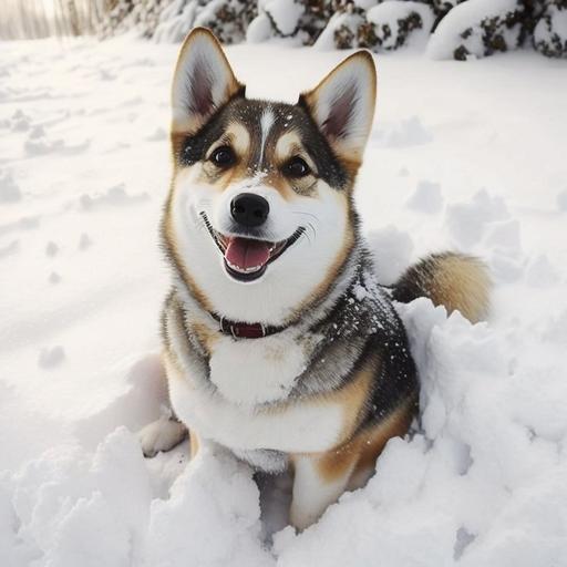 A husky/corgi mix，whole body，snowy，smile