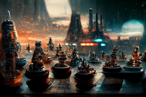 A hyper detailed, ultra realistic futuristic Star Wars Chess set, digital art, environment, cinematic scene, ultra realism, beautifully lit, --ar 3:2 --q 2