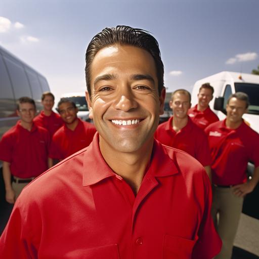 A hyper photo-realistic, a.k.a., a hyper-detailed photograph of the owner of an e-commerce residential package delivery company with his employees and a few of his package delivery trucks. Entrepreneur, joy, confidence, prosperity, freedom, inspiration, leadership. Wearing a red (#D22730) collared shirt. No logos. Shot with a Leica m10 camera, beautiful composition, sharp focus, natural light, shot in the style of Yuri Arcurs --s 750 --q 2 --style raw --v 5.1