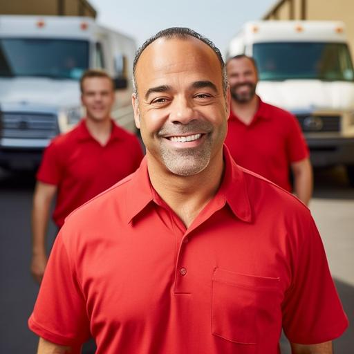 A hyper photo-realistic, a.k.a., a hyper-detailed photograph of the owner of an e-commerce residential package delivery company with his employees and a few of his package delivery trucks. Entrepreneur, joy, confidence, prosperity, freedom, inspiration, leadership. Wearing a red (#D22730) collared shirt. No logos. Shot with a Leica m10 camera, beautiful composition, sharp focus, natural light, shot in the style of Yuri Arcurs --s 750 --q 2 --style raw --v 5.1