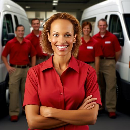 A hyper photo-realistic, a.k.a., a hyper-detailed photograph of the owner of an e-commerce residential package delivery company with her employees and a few of his package delivery vans. Entrepreneur, joy, confidence, prosperity, freedom, inspiration, leadership. Wearing a red (#D22730) collared shirt. No logos. Shot with a Leica m10 camera, beautiful composition, sharp focus, natural light, shot in the style of Yuri Arcurs --s 750 --q 2 --style raw --v 5.1