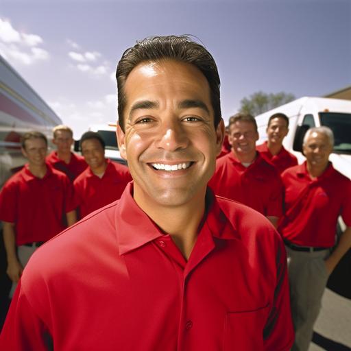 A hyper photo-realistic, a.k.a., a hyper-detailed photograph of the owner of an e-commerce residential package delivery company with his employees and a few of his package delivery trucks. Entrepreneur, joy, confidence, prosperity, freedom, inspiration, leadership. Wearing a red (#D22730) collared shirt. No logos. Shot with a Leica m10 camera, beautiful composition, sharp focus, natural light, shot in the style of Yuri Arcurs --s 750 --q 2 --style raw --v 5.1