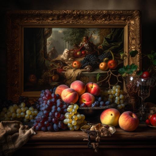 A hyper realistic frame from the baroque era that shows a still life scene with an array of bad and stale fruits such as apple, pear and grapes, with a worms crawling out of one of the stale and bad fruits. The worm should be prominently displayed crawling in and out of the fruits. The fruits could be, appearing overly ripe, bruised and stale only. This needs to be a hyper realistic photograph. --s 750 --v 5