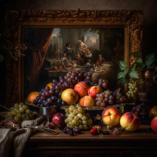 A hyper realistic frame from the baroque era that shows a still life scene with an array of bad and stale fruits such as apple, pear and grapes, with a worms crawling out of one of the stale and bad fruits. The worm should be prominently displayed crawling in and out of the fruits. The fruits could be, appearing overly ripe, bruised and stale only. This needs to be a hyper realistic photograph. --s 750 --v 5