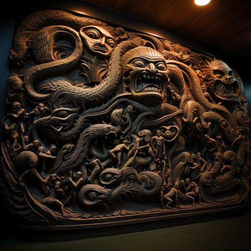 A hyper-realistic, high-definition cosmic interpretation of a traditional Maori wood carving, depicting the story of Ngārara Huarau from Maori mythology. The central focus is the giant reptilian taniwha, Ngārara Huarau, portrayed dynamically and respectfully. Surrounding the taniwha are intricately carved scenes showing trees nearly cut to falling, a dog used in the strategy to capture the taniwha, and the moment the taniwha is crushed by falling trees. The carving features traditional Maori designs, enhanced with pearlescent colors to highlight key elements. The composition blends traditional art with cosmic themes, while being respectful and honoring Maori cultural aesthetics.