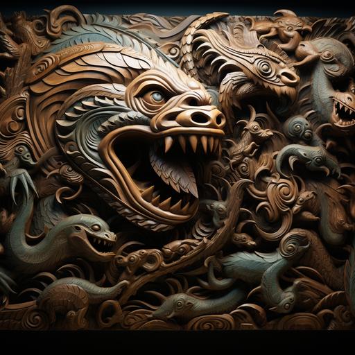 A hyper-realistic, high-definition cosmic interpretation of a traditional Maori wood carving, depicting the story of Ngārara Huarau from Maori mythology. The central focus is the giant reptilian taniwha, Ngārara Huarau, portrayed dynamically and respectfully. Surrounding the taniwha are intricately carved scenes showing trees nearly cut to falling, a dog used in the strategy to capture the taniwha, and the moment the taniwha is crushed by falling trees. The carving features traditional Maori designs, enhanced with pearlescent colors to highlight key elements. The composition blends traditional art with cosmic themes, while being respectful and honoring Maori cultural aesthetics.