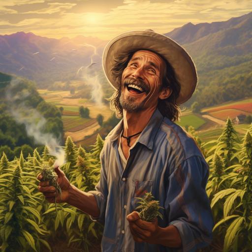 A hyper-realistic image of a joyful Colombian farmer with a cannabis field behind him, and a landscape of stunning mountains beyond the cannabis field. The farmer wears a traditional Colombian hat and his clothes and hands are soiled from the rigors of agricultural labor. His family and friends are beside him, celebrating that war is over and prosperity is here to stay
