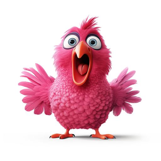 A hyper-realistic inspired photorealistic cinematic 3d illustration crazy pink bird, cartoonish, funny mood, white background, detailed illustration --v 5.1 --s 750