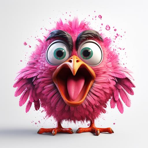 A hyper-realistic inspired photorealistic cinematic 3d illustration pink crazy bird, cartoonish, funny mood, white background, detailed illustration --v 5.1 --s 750