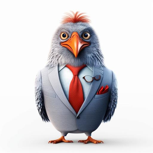 A hyper-realistic inspired photorealistic cinematic 3d illustration bird in business suit, cartoonish, funny mood, white background, detailed illustration --v 5.1 --s 750