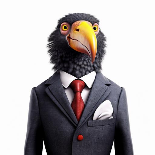 A hyper-realistic inspired photorealistic cinematic 3d illustration bird in business suit, cartoonish, funny mood, white background, detailed illustration --v 5.1 --s 750