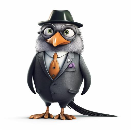 A hyper-realistic inspired photorealistic cinematic 3d illustration bird wearing business suit, cartoonish, funny mood, white background, detailed illustration --v 5.1 --s 750