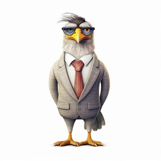 A hyper-realistic inspired photorealistic cinematic 3d illustration bird in business suit, cartoonish, funny mood, white background, detailed illustration --v 5.1 --s 750