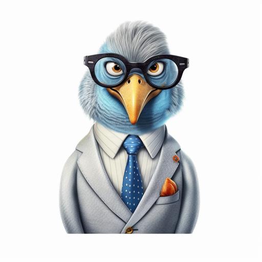 A hyper-realistic inspired photorealistic cinematic 3d illustration bird in a suit, cartoonish, funny mood, white background, detailed illustration --v 5.1 --s 750