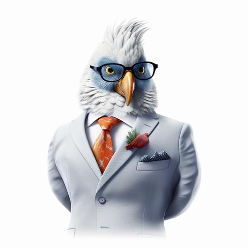 A hyper-realistic inspired photorealistic cinematic 3d illustration bird in a suit, cartoonish, funny mood, white background, detailed illustration --v 5.1 --s 750