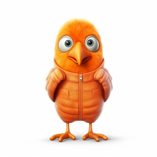 A hyper-realistic inspired photorealistic cinematic 3d illustration bird wearing an orange prison jumpsuit, cartoonish, funny mood, white background, detailed illustration --v 5.1 --s 750