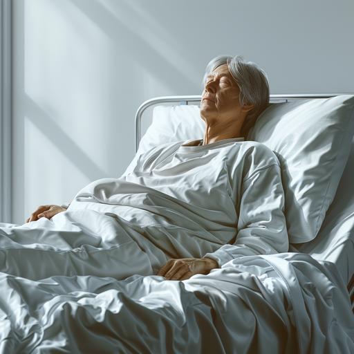 A hyper-realistic inspired photorealistic cinematic illustration sick person in a hospital bed, no background, white background, detailed illustration, professional and friendly mood --s 350