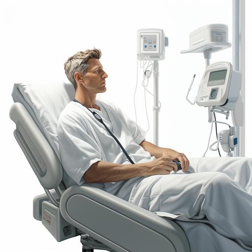 A hyper-realistic inspired photorealistic cinematic illustration patient in a hospital bed, no background, white background, detailed illustration, professional and friendly mood --s 250