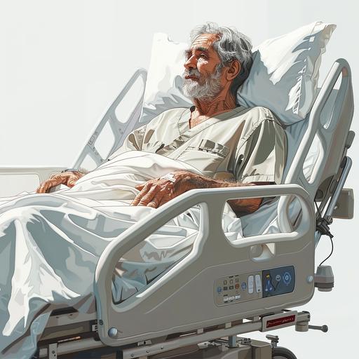 A hyper-realistic inspired photorealistic cinematic illustration patient in a hospital bed, no background, white background, detailed illustration, professional and friendly mood --s 500