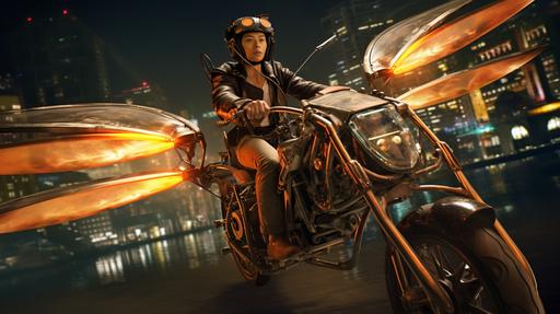A hyper realistic movie still of a Chinese teenager riding a living vehicle with four long dragonfly wings racing through Shanghai at night, flying ornithopter, speeder bike, bio-engineering, organic Chinese design, flying speeder, rider is Chinese, very long dragonfly like wings, bio-tech, hybrid, anime, sci-fi, David Fincher, atmospheric, Roger Deakins cinematic, trending on artstation --ar 16:9