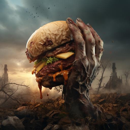 A hyper realistic zombie hand coming out of the ground with a delicious hamburger