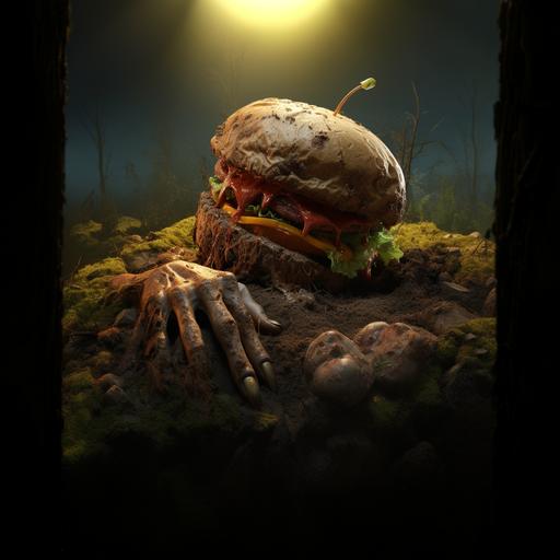 A hyper realistic zombie hand coming out of the ground with a delicious hamburger