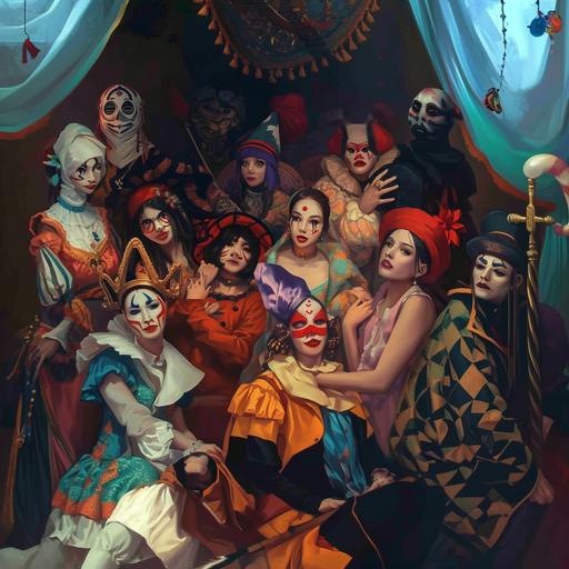 A hyperrealistic group photo featuring a diverse array of 20 characters from various cultural and theatrical traditions, including: a Harlequin in a diamond-patterned costume; a classic clown with a red nose and colorful attire; a Jester in a two-toned outfit with a bell-tipped hat; a Buffoon in exaggerated garb; a Trickster figure with mischievous features; a Lazzi performer in comical Italian Renaissance attire; a Vidushaka from Indian drama in traditional costume; Petruk from Javanese culture in traditional garb; Punch from Punch and Judy in bright, jester-like attire; Till Eulenspiegel in medieval German clothing; a Dame from pantomime in extravagant, comedic drag; Karagöz and Hacivat from Turkish shadow play, one in dark, the other in light clothing; Pagliaccio in classic Italian opera clown costume; a Moriones festival participant in colorful, historical Philippine attire; a performer from the Brazilian Bumba Meu Boi festival in vibrant costume; a Kwakwaka'wakw indigenous person in traditional regalia; Hanswurst in German folk costume; a Wayang Orang performer in Javanese traditional costume; Mummers in varied, elaborate costumes; Gilles in Carnival of Binche attire with a mask; Krampus in a fearsome, horned demon outfit; a Kathakali dancer in elaborate Indian costume and makeup; and Coyolxauhqui, an Aztec deity, in historical Mesoamerican attire. The setting is a grand, ornate stage, with each character striking a pose that reflects their cultural significance and role. ugly sweater --v 6.0