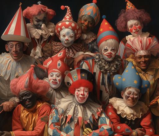A hyperrealistic group portrait featuring a diverse array of characters from various cultural and theatrical traditions, including: a Harlequin in a diamond-patterned costume; a classic clown with a red nose and colorful attire; a Jester in a two-toned outfit with a bell-tipped hat; a Buffoon in exaggerated garb; a Trickster figure with mischievous features; a Lazzi performer in comical Italian Renaissance attire; a Vidushaka from Indian drama in traditional costume; Petruk from Javanese culture in traditional garb; Punch from Punch and Judy in bright, jester-like attire; Till Eulenspiegel in medieval German clothing; a Dame from pantomime in extravagant, comedic drag; Karagöz and Hacivat from Turkish shadow play, one in dark, the other in light clothing; Pagliaccio in classic Italian opera clown costume; a Moriones festival participant in colorful, historical Philippine attire; a performer from the Brazilian Bumba Meu Boi festival in vibrant costume; a Kwakwaka'wakw indigenous person in traditional regalia; Hanswurst in German folk costume; a Wayang Orang performer in Javanese traditional costume; Mummers in varied, elaborate costumes; Gilles in Carnival of Binche attire with a mask; Krampus in a fearsome, horned demon outfit; a Kathakali dancer in elaborate Indian costume and makeup; and Coyolxauhqui, an Aztec deity, in historical Mesoamerican attire. The setting is a grand, ornate stage, with each character striking a pose that reflects their cultural significance and role. angel, androgynous man, wings and halo, lying spread out on plush velvet and silk, minimalist Versailles --niji 5 --ar 7:6