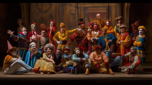 A hyperrealistic group portrait featuring a diverse array of 20 characters from various cultural and theatrical traditions, including: a Harlequin in a diamond-patterned costume; a classic clown with a red nose and colorful attire; a Jester in a two-toned outfit with a bell-tipped hat; a Buffoon in exaggerated garb; a Trickster figure with mischievous features; a Lazzi performer in comical Italian Renaissance attire; a Vidushaka from Indian drama in traditional costume; Petruk from Javanese culture in traditional garb; Punch from Punch and Judy in bright, jester-like attire; Till Eulenspiegel in medieval German clothing; a Dame from pantomime in extravagant, comedic drag; Karagöz and Hacivat from Turkish shadow play, one in dark, the other in light clothing; Pagliaccio in classic Italian opera clown costume; a Moriones festival participant in colorful, historical Philippine attire; a performer from the Brazilian Bumba Meu Boi festival in vibrant costume; a Kwakwaka'wakw indigenous person in traditional regalia; Hanswurst in German folk costume; a Wayang Orang performer in Javanese traditional costume; Mummers in varied, elaborate costumes; Gilles in Carnival of Binche attire with a mask; Krampus in a fearsome, horned demon outfit; a Kathakali dancer in elaborate Indian costume and makeup; and Coyolxauhqui, an Aztec deity, in historical Mesoamerican attire. The setting is a grand, ornate stage, with each character striking a pose that reflects their cultural significance and role. art deco clothing nightcore --s 50 --ar 16:9 --v 6.0