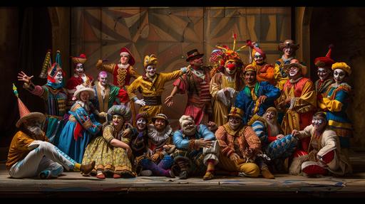 A hyperrealistic group portrait featuring a diverse array of 20 characters from various cultural and theatrical traditions, including: a Harlequin in a diamond-patterned costume; a classic clown with a red nose and colorful attire; a Jester in a two-toned outfit with a bell-tipped hat; a Buffoon in exaggerated garb; a Trickster figure with mischievous features; a Lazzi performer in comical Italian Renaissance attire; a Vidushaka from Indian drama in traditional costume; Petruk from Javanese culture in traditional garb; Punch from Punch and Judy in bright, jester-like attire; Till Eulenspiegel in medieval German clothing; a Dame from pantomime in extravagant, comedic drag; Karagöz and Hacivat from Turkish shadow play, one in dark, the other in light clothing; Pagliaccio in classic Italian opera clown costume; a Moriones festival participant in colorful, historical Philippine attire; a performer from the Brazilian Bumba Meu Boi festival in vibrant costume; a Kwakwaka'wakw indigenous person in traditional regalia; Hanswurst in German folk costume; a Wayang Orang performer in Javanese traditional costume; Mummers in varied, elaborate costumes; Gilles in Carnival of Binche attire with a mask; Krampus in a fearsome, horned demon outfit; a Kathakali dancer in elaborate Indian costume and makeup; and Coyolxauhqui, an Aztec deity, in historical Mesoamerican attire. The setting is a grand, ornate stage, with each character striking a pose that reflects their cultural significance and role. art deco clothing nightcore --s 50 --ar 16:9