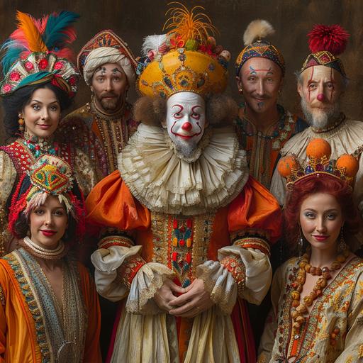 A hyperrealistic group portrait featuring a diverse array of 20 characters from various cultural and theatrical traditions, including: a Harlequin in a diamond-patterned costume; a classic clown with a red nose and colorful attire; a Jester in a two-toned outfit with a bell-tipped hat; a Buffoon in exaggerated garb; a Trickster figure with mischievous features; a Lazzi performer in comical Italian Renaissance attire; a Vidushaka from Indian drama in traditional costume; Petruk from Javanese culture in traditional garb; Punch from Punch and Judy in bright, jester-like attire; Till Eulenspiegel in medieval German clothing; a Dame from pantomime in extravagant, comedic drag; Karagöz and Hacivat from Turkish shadow play, one in dark, the other in light clothing; Pagliaccio in classic Italian opera clown costume; a Moriones festival participant in colorful, historical Philippine attire; a performer from the Brazilian Bumba Meu Boi festival in vibrant costume; a Kwakwaka'wakw indigenous person in traditional regalia; Hanswurst in German folk costume; a Wayang Orang performer in Javanese traditional costume; Mummers in varied, elaborate costumes; Gilles in Carnival of Binche attire with a mask; Krampus in a fearsome, horned demon outfit; a Kathakali dancer in elaborate Indian costume and makeup; and Coyolxauhqui, an Aztec deity, in historical Mesoamerican attire. The setting is a grand, ornate stage, with each character striking a pose that reflects their cultural significance and role. an outerspace banana art deco clothing --s 1000 --v 6.0