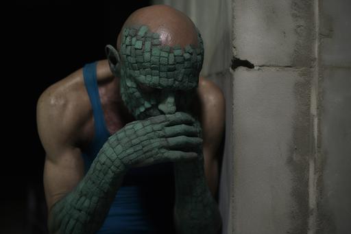 A hyperrealistic of a man fused with a cement pillar in an abandoned parking garage, dark greens and blues, stark composition, the man that is fused with the support beam is connected via torso and right arm, he is in desperate pain, their are spiders nesting in the corners, the man becomes sallow and emaciated, the distance from others subsumes him, biomechanical horror, hr giger, surrealist, absurdism, --c 73 --w 1000 --v 5.2 --s 1000 --style raw --ar 3:2