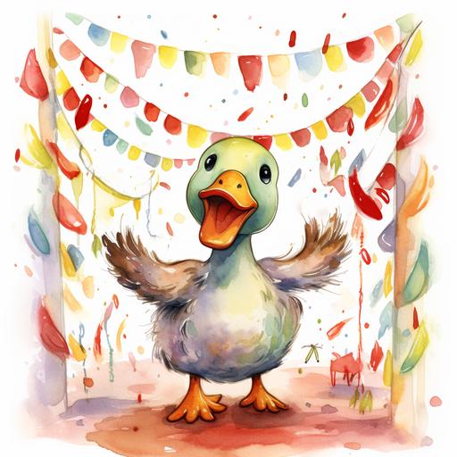 A illustration of watercolor farm animal kawaii mallard duck a party streamer dancing, in front of a red bar, adding a sense of liveliness to the scene