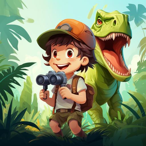 A image of a small child, wearing a safari hat and binoculars, whispering to a friendly cartoon dinosaur in a lush, prehistoric jungle. The dinosaur looks playful and attentive, with bright colors. Cute cartoon, vector, very detailed, white background, Disney themed --v 5.2