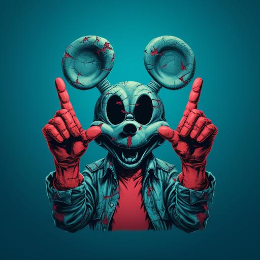A image with a solid color background depicting a set of mickey hands showing the middle finger