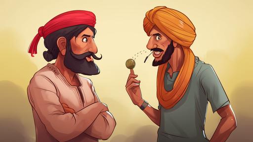A indian funny sikkh talk to other guy, digital art cartoon --ar 16:9 --v 5